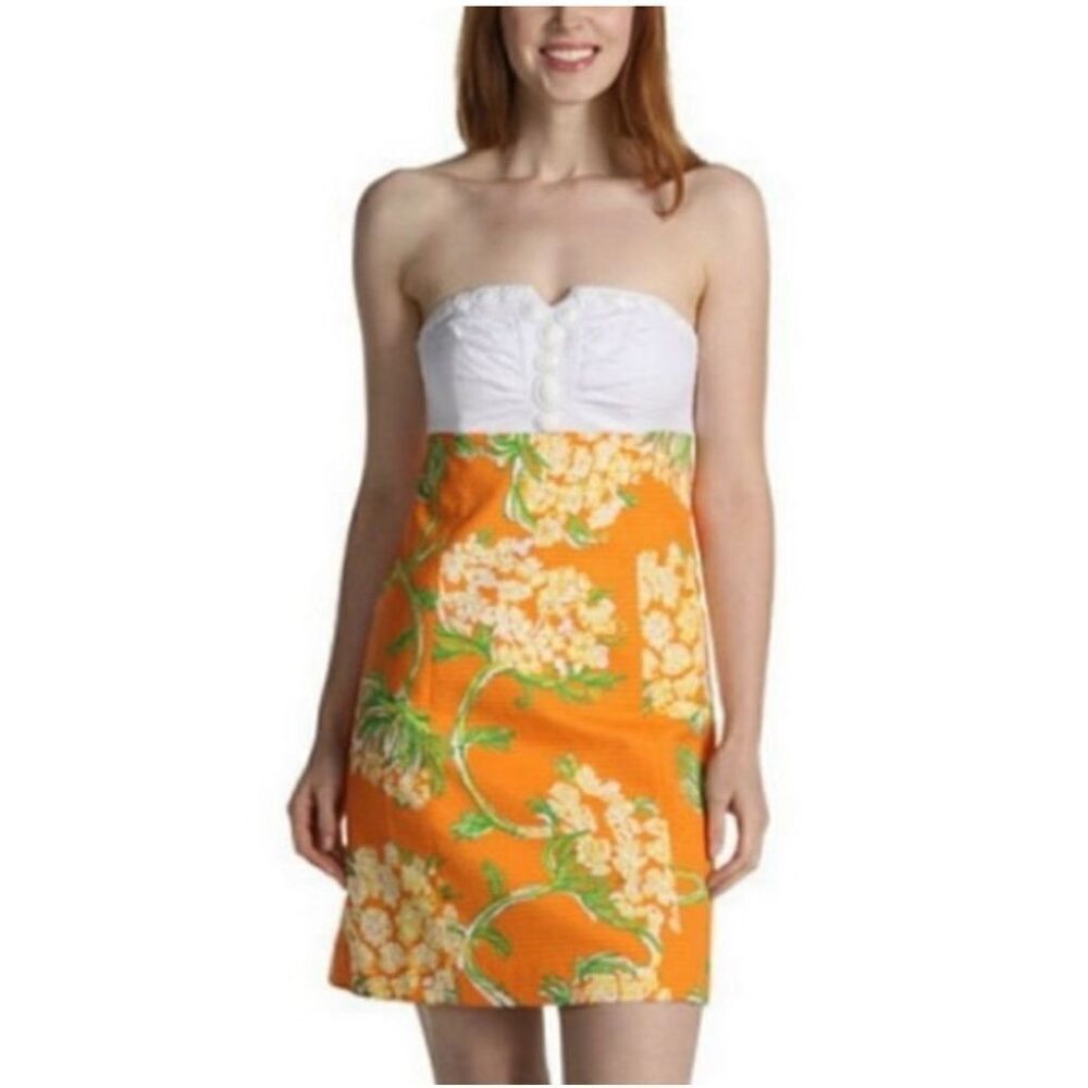 Lilly Pulitzer nectar orange lace on the docks strapless Bowen dress size 0